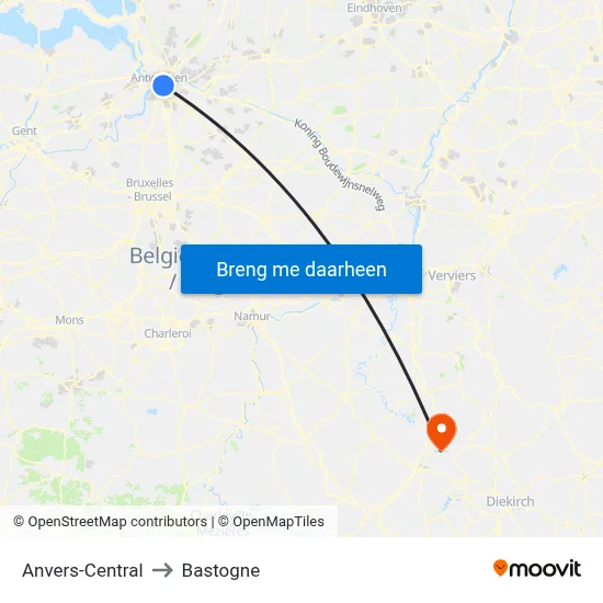 Anvers-Central to Bastogne map