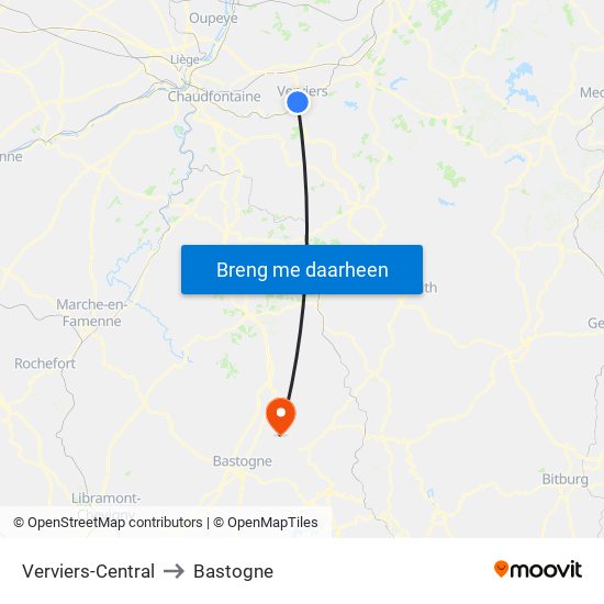 Verviers-Central to Bastogne map