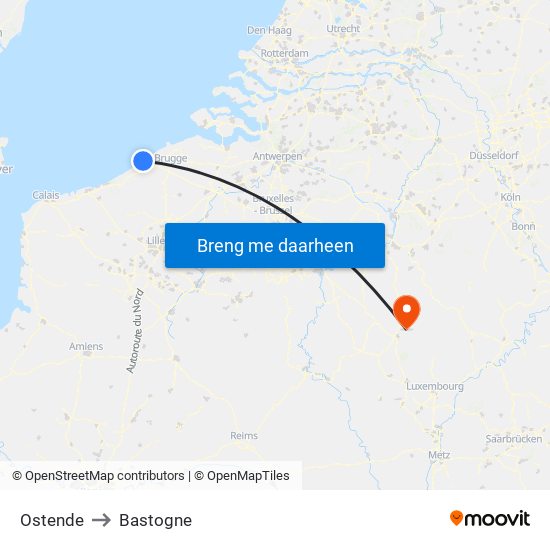 Ostende to Bastogne map