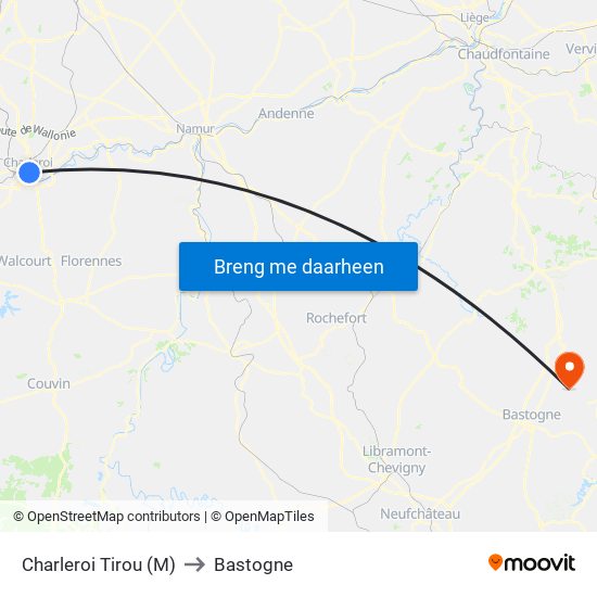 Charleroi Tirou (M) to Bastogne map