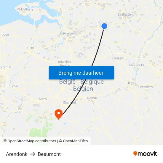 Arendonk to Beaumont map