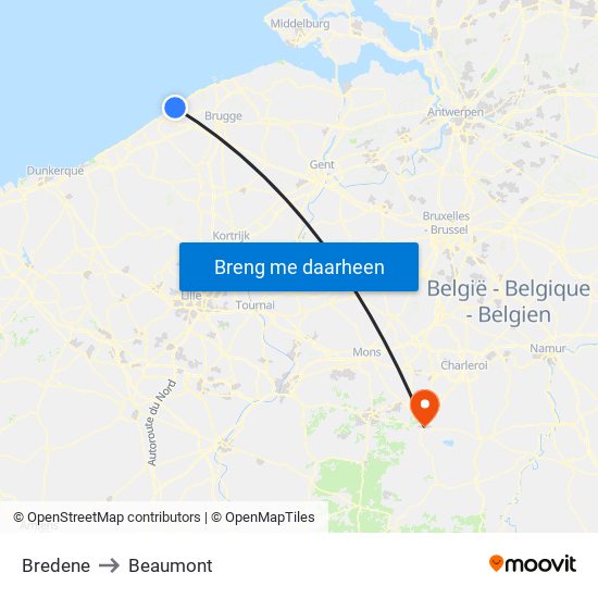 Bredene to Beaumont map