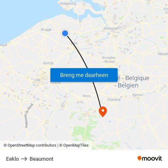 Eeklo to Beaumont map