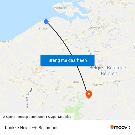 Knokke-Heist to Beaumont map