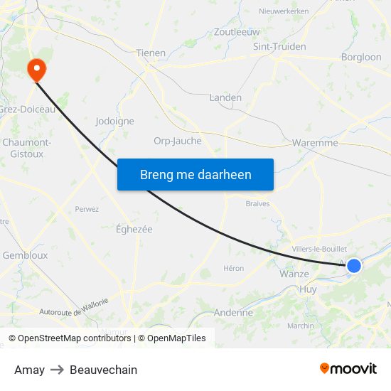 Amay to Beauvechain map