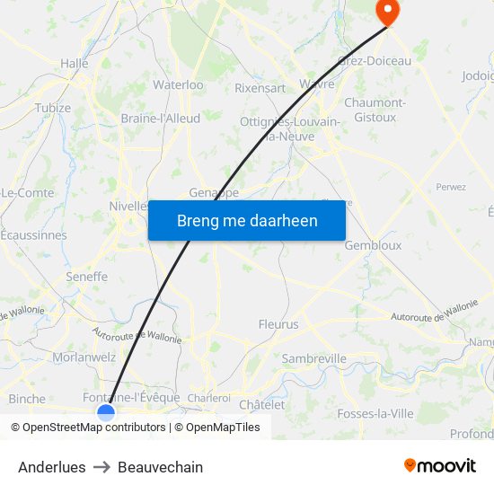 Anderlues to Beauvechain map