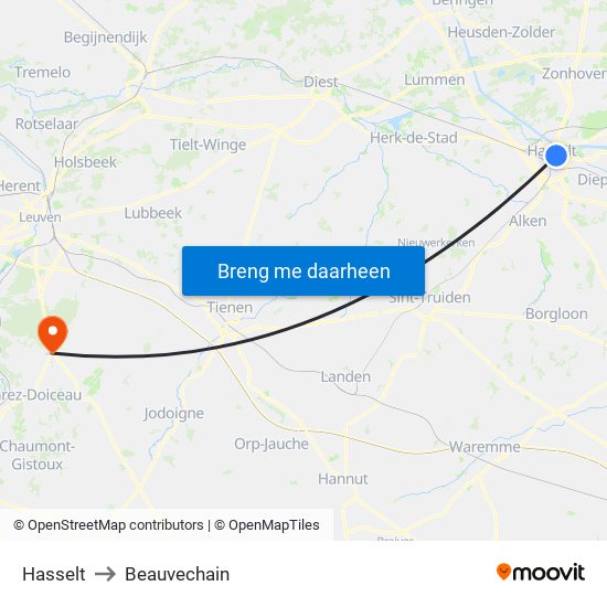 Hasselt to Beauvechain map