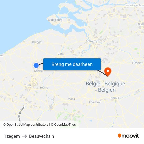 Izegem to Beauvechain map