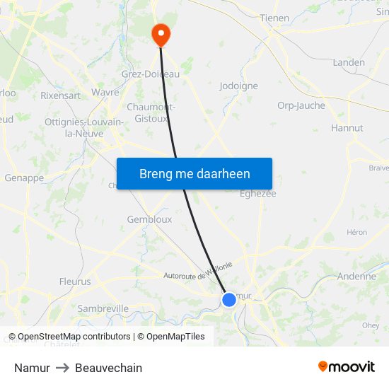 Namur to Beauvechain map