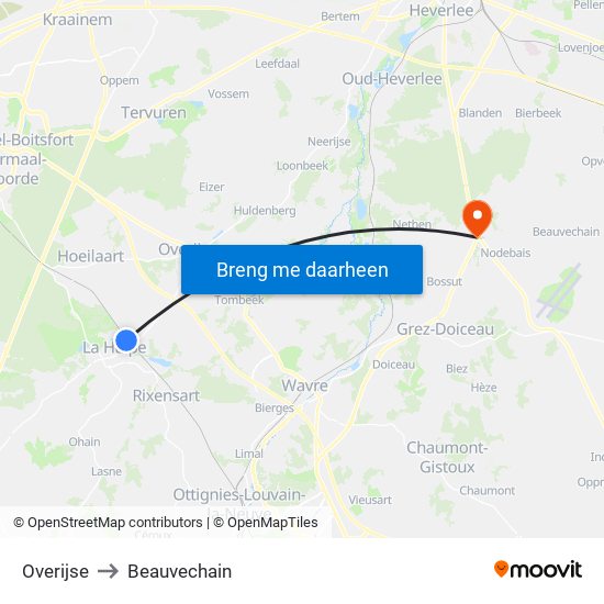 Overijse to Beauvechain map