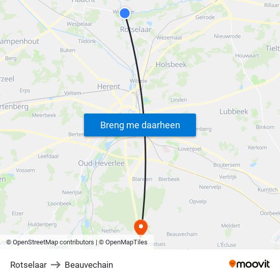 Rotselaar to Beauvechain map