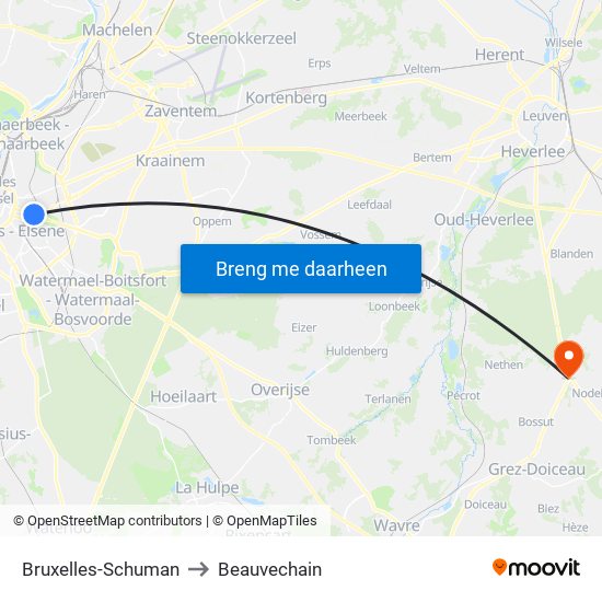 Bruxelles-Schuman to Beauvechain map