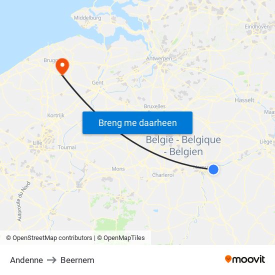 Andenne to Beernem map