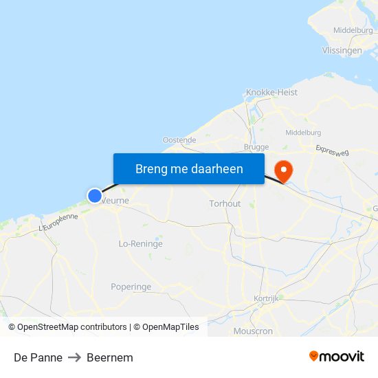 De Panne to Beernem map