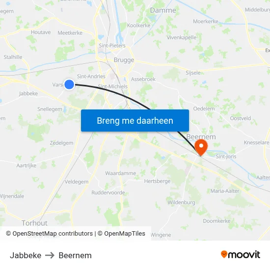 Jabbeke to Beernem map