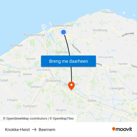 Knokke-Heist to Beernem map