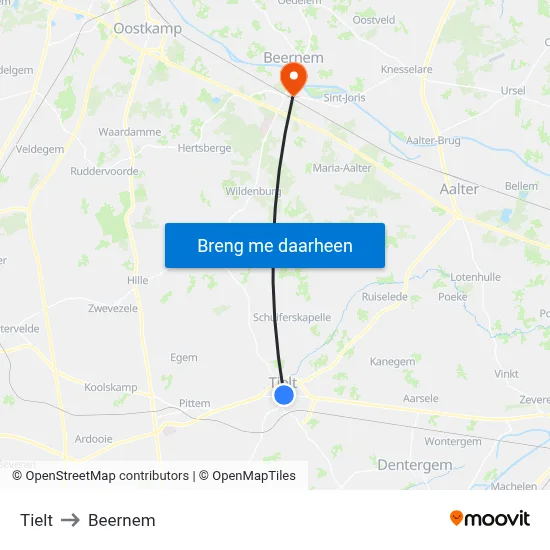 Tielt to Beernem map