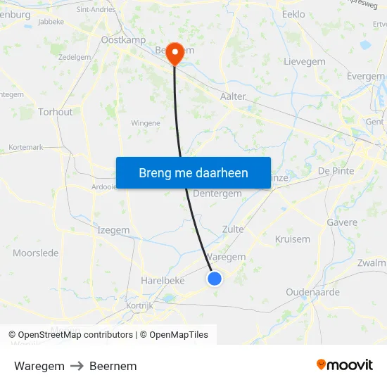 Waregem to Beernem map
