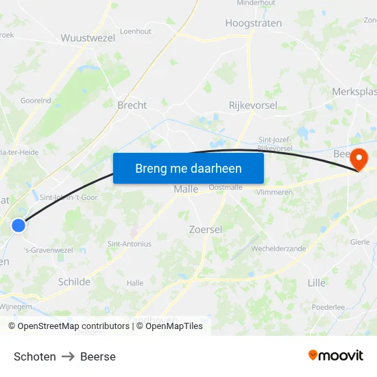 Schoten to Beerse map