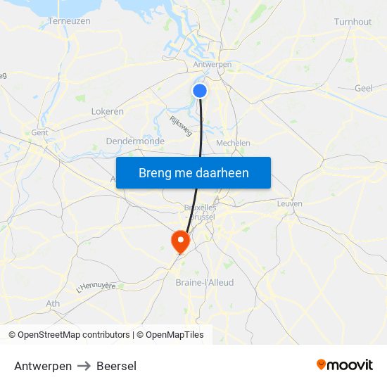 Antwerpen to Beersel map