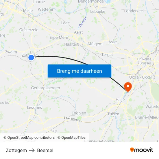 Zottegem to Beersel map
