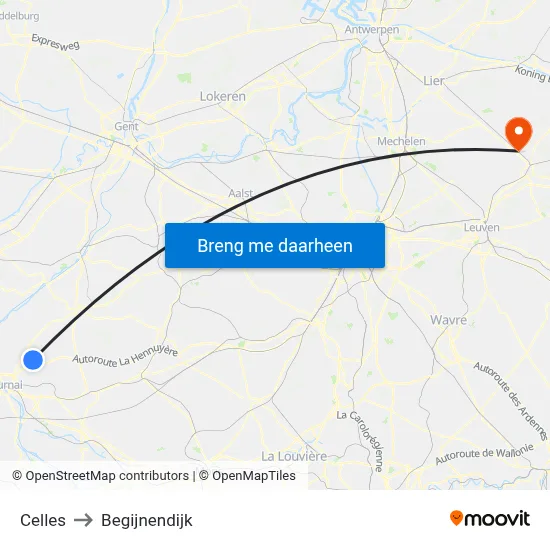 Celles to Begijnendijk map