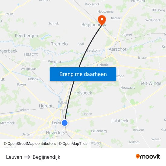 Leuven to Begijnendijk map