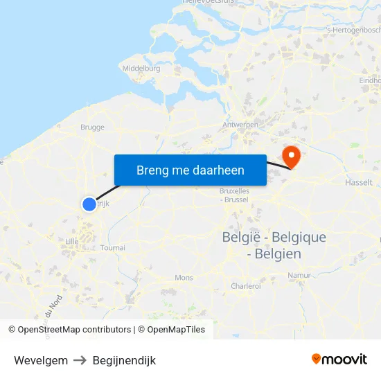 Wevelgem to Begijnendijk map
