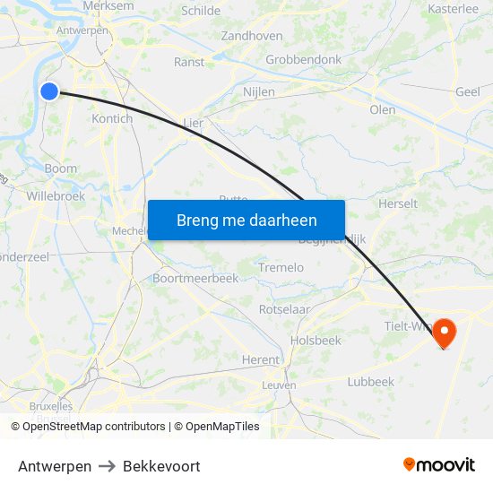 Antwerpen to Bekkevoort map