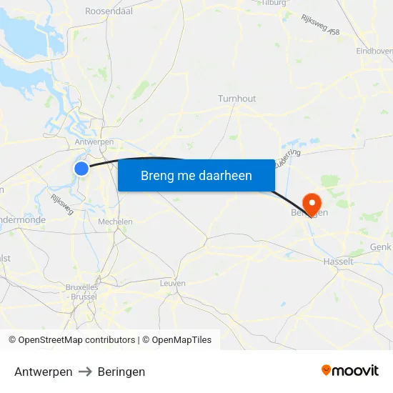 Antwerpen to Beringen map