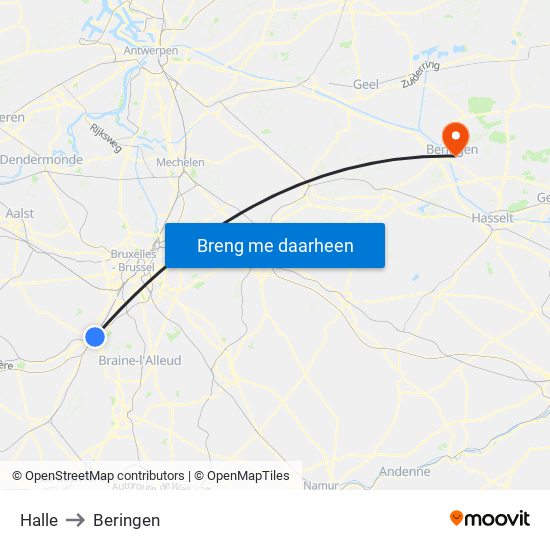 Halle to Beringen map