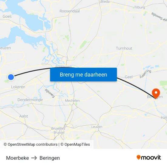 Moerbeke to Beringen map