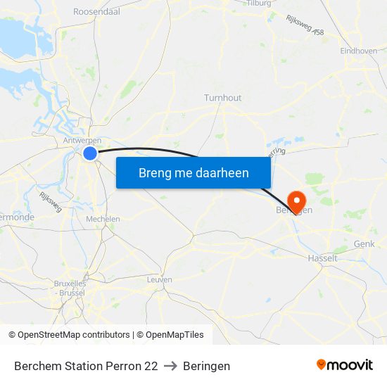 Berchem Station Perron 22 to Beringen map