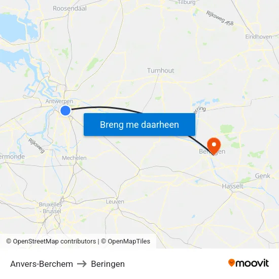 Anvers-Berchem to Beringen map