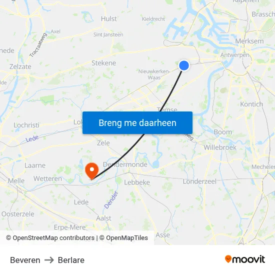 Beveren to Berlare map