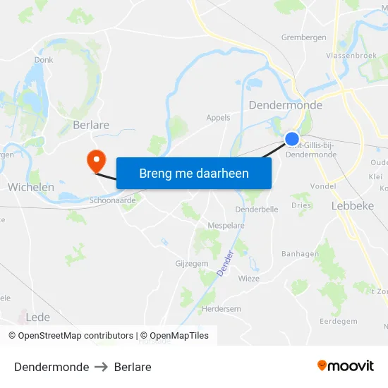 Dendermonde to Berlare map