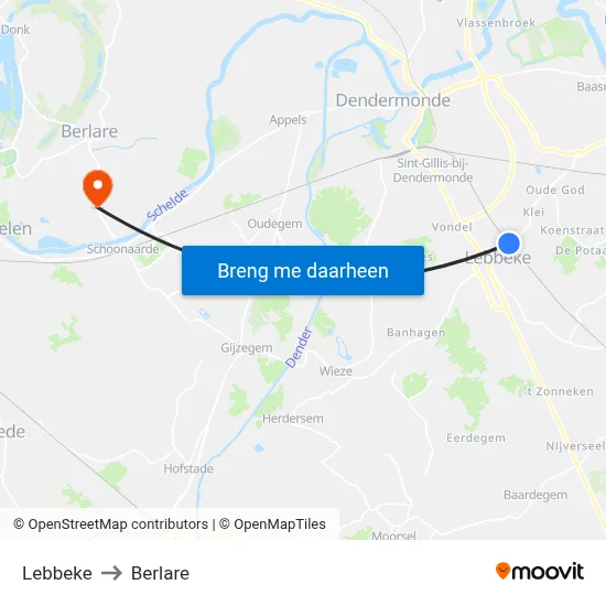Lebbeke to Berlare map