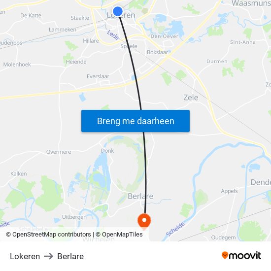 Lokeren to Berlare map