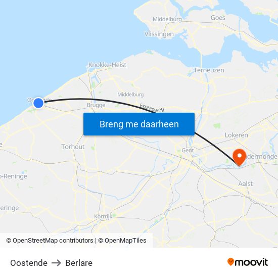 Oostende to Berlare map