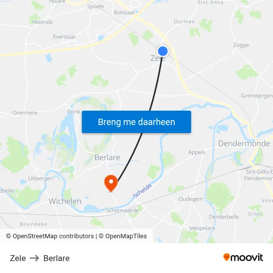 Zele to Berlare map