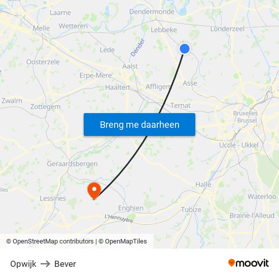 Opwijk to Bever map