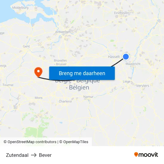 Zutendaal to Bever map