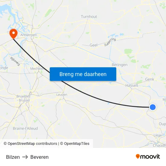 Bilzen to Beveren map