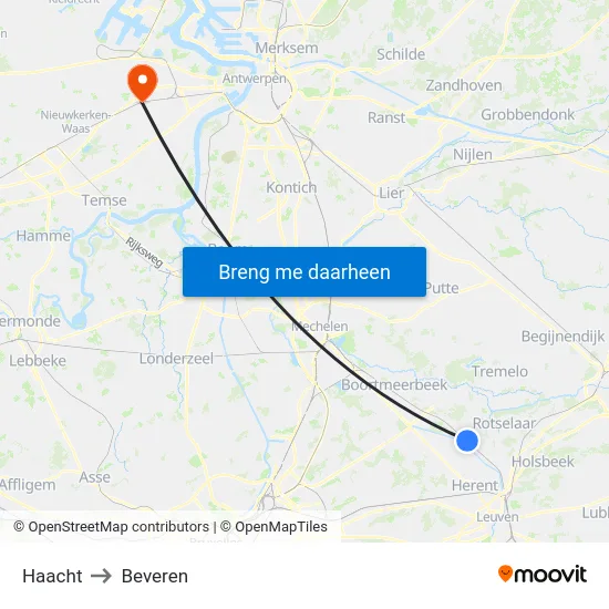 Haacht to Beveren map