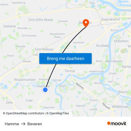 Hamme to Beveren map