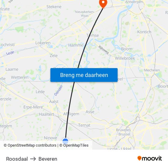 Roosdaal to Beveren map