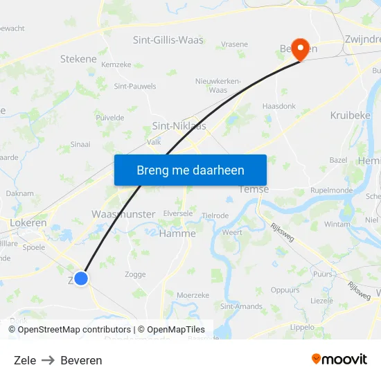 Zele to Beveren map