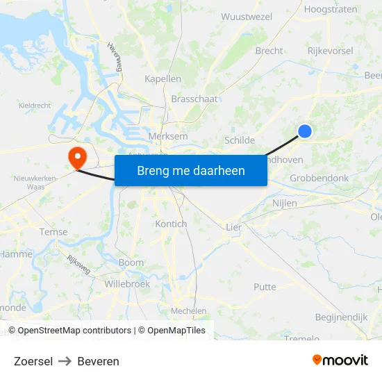 Zoersel to Beveren map