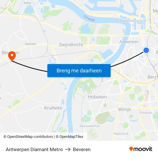 Antwerpen Diamant Metro to Beveren map