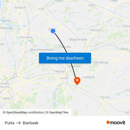 Putte to Bierbeek map